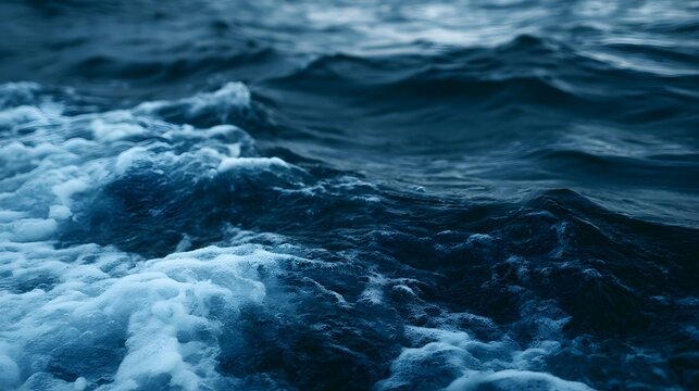 A close up view of deep blue ocean waves with white foam  showing textured water surface under soft ambient lighting