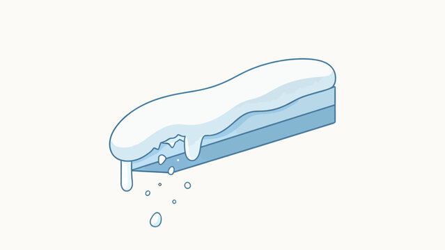 Cartoon illustration of a melting blue rectangular ice block with dripping water droplets and white foam on