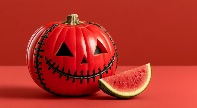 Red jack lantern pumpkin with creepy smile and slice of watermelon on red background. Spooky decor and Halloween celebration concept. Close-up still life shot for banner with copy space