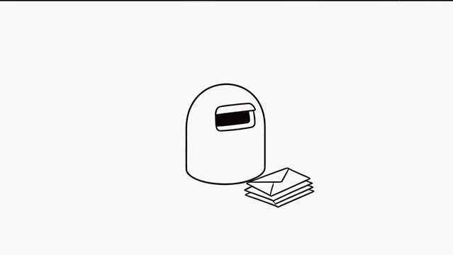 Minimalist black and white line drawing of a mailbox with envelopes, clean vector illustration style.
