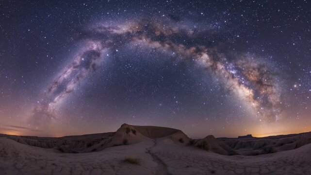 Night landscape of a vast desert beneath a spectacular Milky Way galaxy, countless stars twinkling naturally. Ai generated