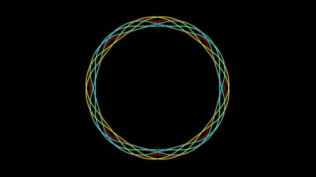 Abstract geometric animation featuring a rotating, interwoven circle of colorful lines on a solid black background, creating a hypnotic visual effect.