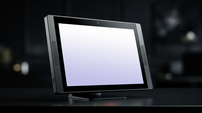 A tablet device displaying a live video call with a family of three waving at the camera on a dark background.