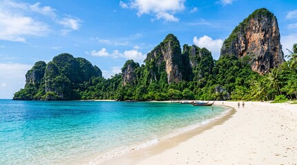 Obraz premium Tropical beach with white sand and turquoise water beside towering limestone cliffs covered in jungle vegetation with crisp detail.