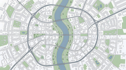 Fototapeta premium Detailed city map with river and roads in aerial view