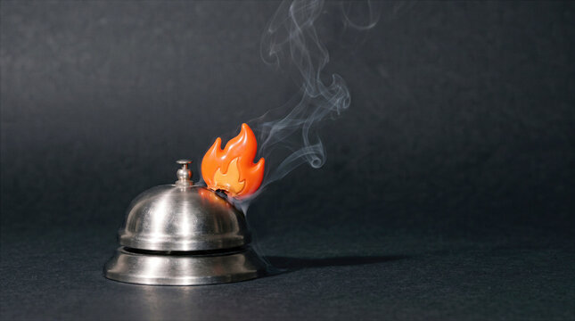 Service Bell with Flame and Rising Smoke for Urgent Help, Emergency Response and Hot Alert Concept
