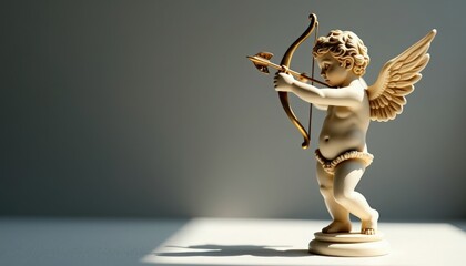 Fototapeta premium cherub statue on pedestal with bow and arrow, winged putto sculpture captured in soft directional light with sculpted details and crisp shadow, cherub statue in classical renaissance style,