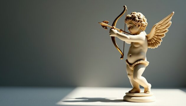 cherub statue on pedestal with bow and arrow, winged putto sculpture captured in soft directional light with sculpted details and crisp shadow, cherub statue in classical renaissance style,