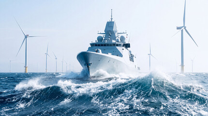 A grey naval warship sailing through rough ocean water past offshore wind turbines © Toma Hieu