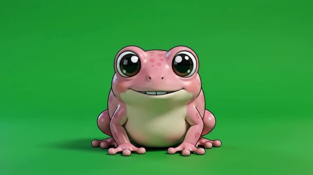 Cute pink frog with big eyes smiling on a vibrant green background, digital art illustration.