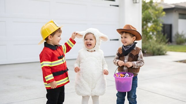 Three cheerful young children dressed in creative Halloween costumes stand outside a house on a driveway. A boy in a firefighter outfit, a toddler in a fluffy sheep costume, and a boy in a cowboy o...