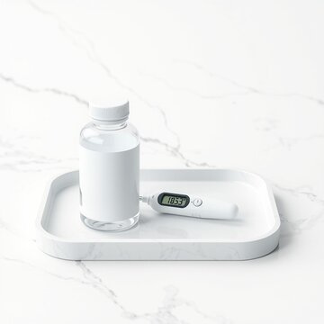 Medical Bottle and Digital Thermometer on a Polished White Marble Tray