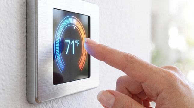 Woman touching digital thermostat panel to adjust temperature on white wall