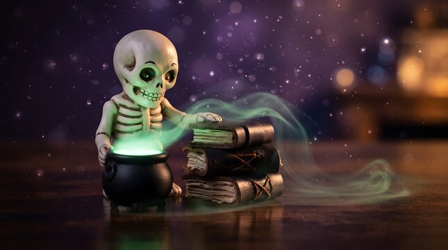 A whimsical digital illustration of a cute toy skeleton standing beside a stack of old leather-bound magic books, touching a bubbling cauldron with glowing green smoke and magical sparkles on a dar...