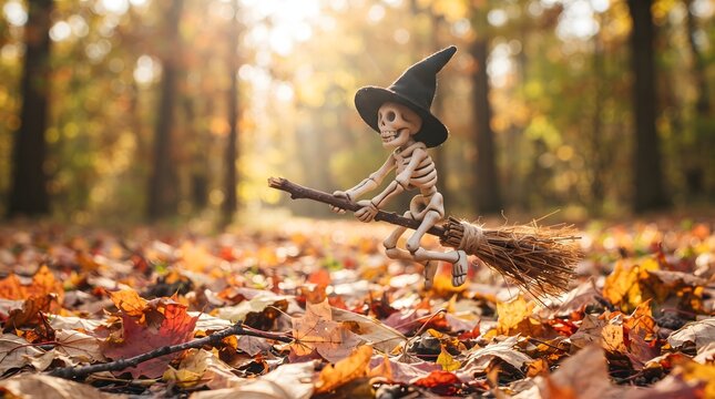 A whimsical digital illustration of a cute skeleton wearing a black witch hat and riding a broomstick over a forest floor covered in colorful autumn fallen leaves, under warm golden sunlight filter...