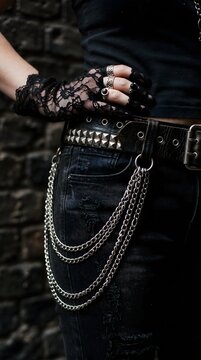 A detailed close-up shot of alternative gothic fashion, showing a person wearing a black studded belt with silver chains, distressed dark jeans, lace fingerless gloves, and gothic silver rings agai...