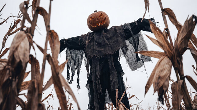 Spooky scarecrow with a glowing jack-o'-lantern pumpkin head in a dry cornfield