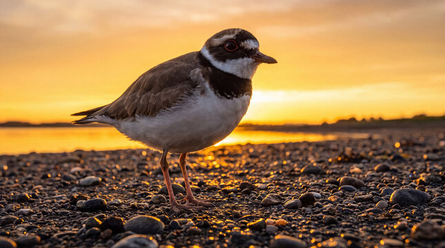 Little ringed plover standing on a rocky beach at sunrise with stands pebbled shoreline