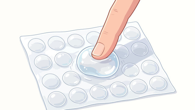 Cartoon finger pressing bubble wrap with satisfying pop effect, clean vector illustration