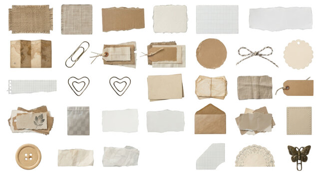 Collection of vintage scrapbooking elements and stationery isolated on transparent background