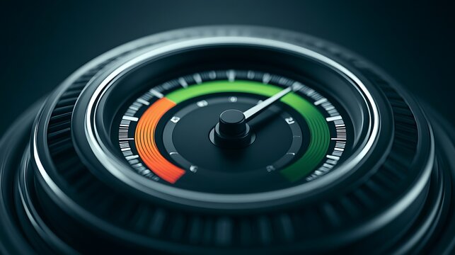 A futuristic digital gauge with a green indicator showing optimal performance levels in dim lighting. Industrial dashboard concept for technology design.