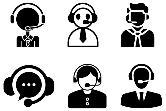 Set of black customer support headset icons with male and female representatives