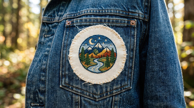 Embroidered patch on denim jacket featuring mountains river moon and text explore wild wander discover in nature setting.