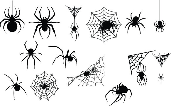 Spiders and webs icon set, Halloween symbols, black silhouettes vector illustration, isolated on white background