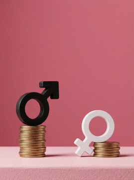 Gender Pay Gap Concept with Male and Female Symbols on Unequal Coin Stacks