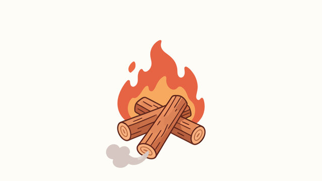 Cartoon style campfire with burning logs, orange flames and smoke on white background