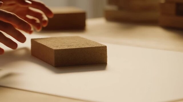 close up of hands placing raw recycled eco polymer block on pristine desk warm lighting