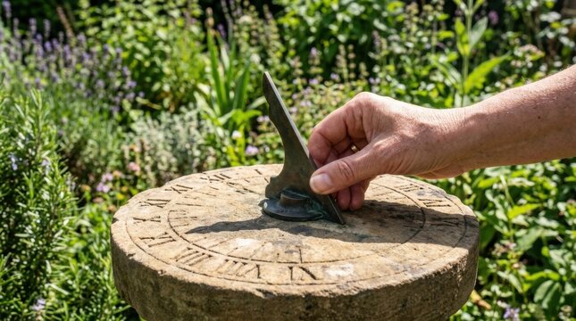 Woman hand adjusting sundial gnomon on stone base in sunny garden, ancient time measurement tool.