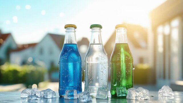 Three simple transparent glass bottles filled with blue, clear, and green carbonated liquid stand together on a bright outdoor surface. Ai generated