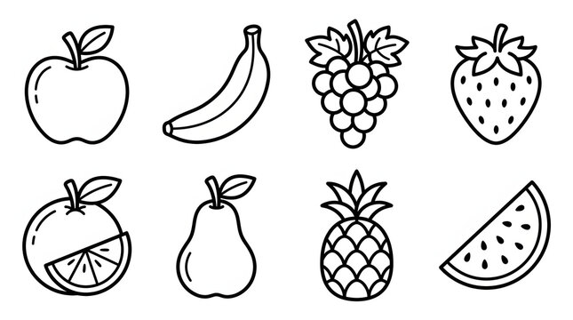 Set of outline fruit icons including apple, banana, and grapes