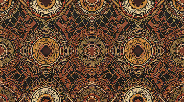 African tribal circular pattern with geometric elements for fabric and wallpaper.