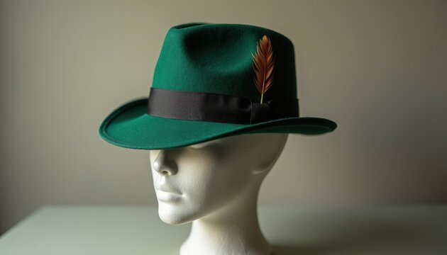 green fedora hat on mannequin head with brown feather and dark brown band, classic felt fedora displayed on white mannequin bust under soft studio lighting,