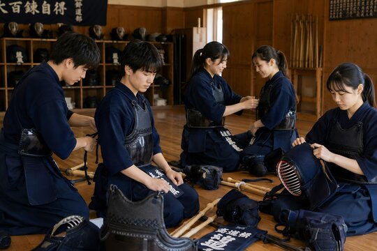 Young japanese kendo students preparing protective armor together at traditional dojo