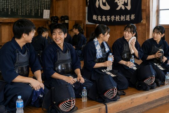 Young japanese kendo students relaxing together after martial arts training