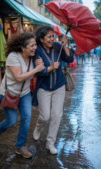 Obraz premium Two women share a joyful moment in the rain along a busy street market, laughing under a red umbrella as puddles sparkle. A candid street scene shows friendship and outdoor happiness.