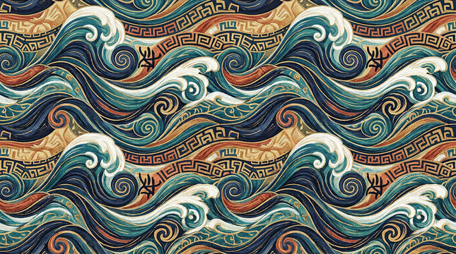 Dynamic wave pattern with greek key border and golden accents for textile and wallpaper.
