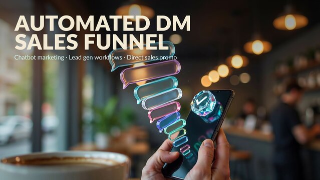 Automated DM sales funnel concept, chatbot marketing lead gen workflows, direct sales automation on smartphone in cafe