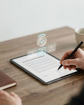 Digital signature on tablet with verified hologram icon, electronic contract signing for business, secure online document authentication