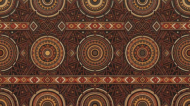 Geometric african tribal pattern with concentric circles and tribal motifs in rich brown and orange tones.