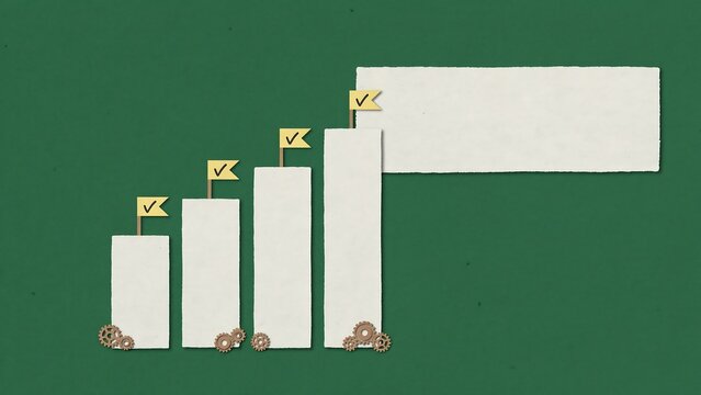 Minimalist business growth bar chart, paper cutout infographic with flags on green background, financial success concept