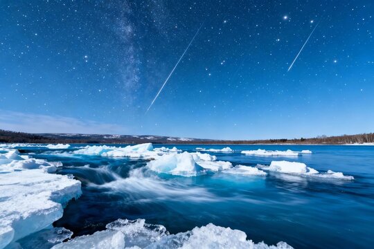 Starlit night over a frozen lake with ice floes and meteor trails in the sky