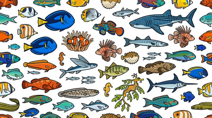 Obraz premium colorful collection of diverse tropical fish swimming in clear blue water underwater marine life