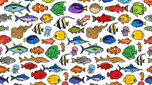 colorful marine animals and sea creatures swimming in a seamless pattern perfect for ocean life backgrounds or kids designs.