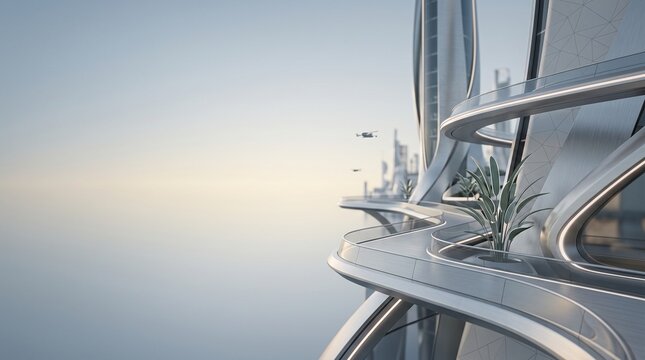 Elegant and modern sci-fi cityscape background. Clean, sophisticated futuristic architecture with soft diffused lighting, subtle shadows, and natural plant elements. Provides an expansive, smooth nega