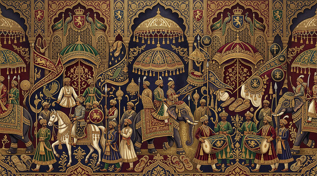 Indian royal procession with elephants, riders, and musicians in rich gold and red.
