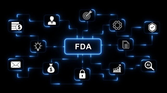 FDA Food and Drug Administration Regulatory Approval Concept on Digital Circuit Node Network Background